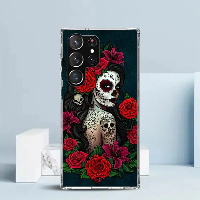 Catrina Beautiful Rose Girl Skull Phone Case For Samsung Galaxy S24 S25 Edge S26 Ultra S22 S23 Plus S21 + S20 FE Soft TPU Back C