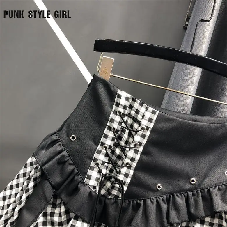 Chica caliente borla Irregular Mini dibujo a cuadros subcultura dulce falda Harajuku estética Rock Hip Hop una línea faldas de retales con volantes