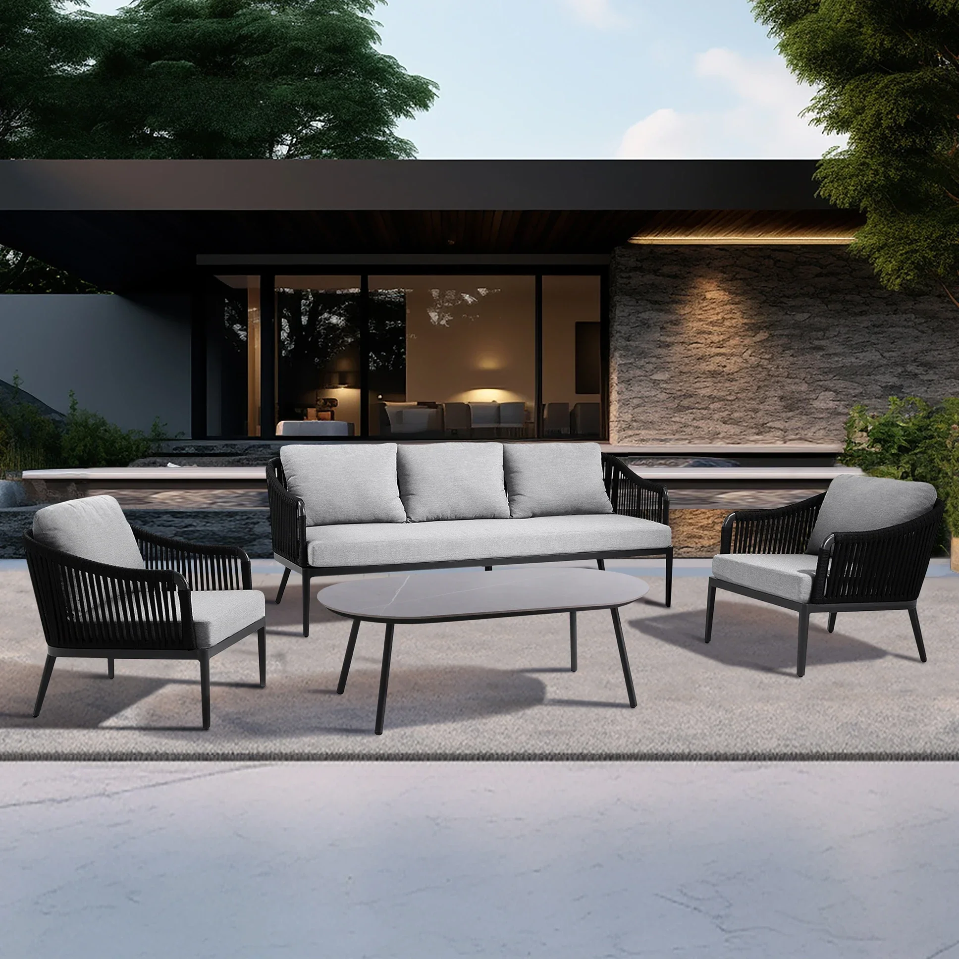 Aluminum Metal Black Garden Sofa Set Terrace Balcony Luxury Outdoor Furniture Sofa Set With Tables