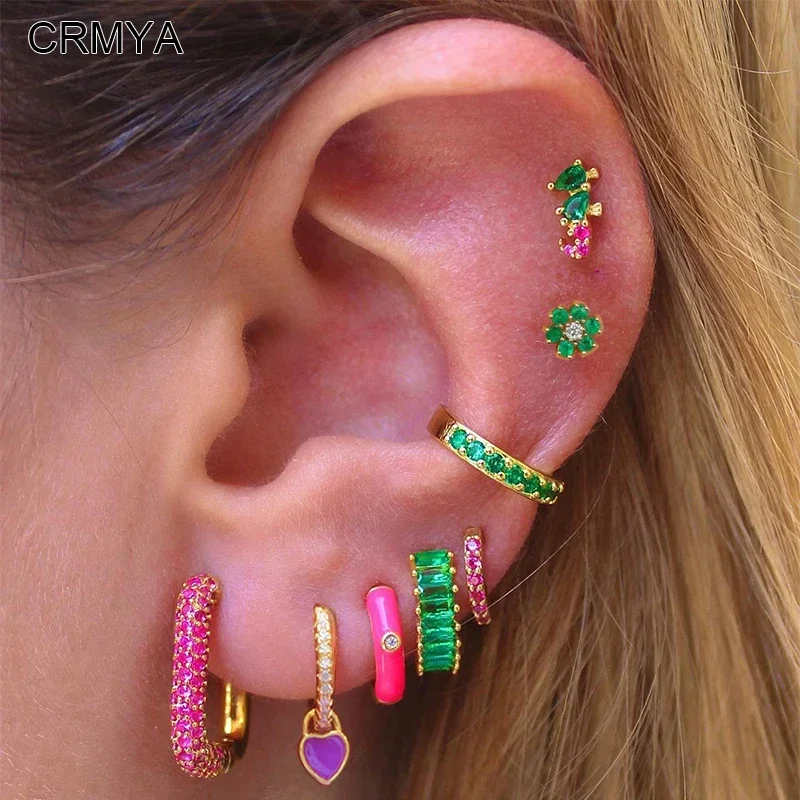 CRMYA Miedziany pozłacany zestaw kolczyków dla kobiet Kolor CZ Cyrkon Piercing Clip Hoop Dangle Kolczyki dla kobiet Biżuteria Hurtownia