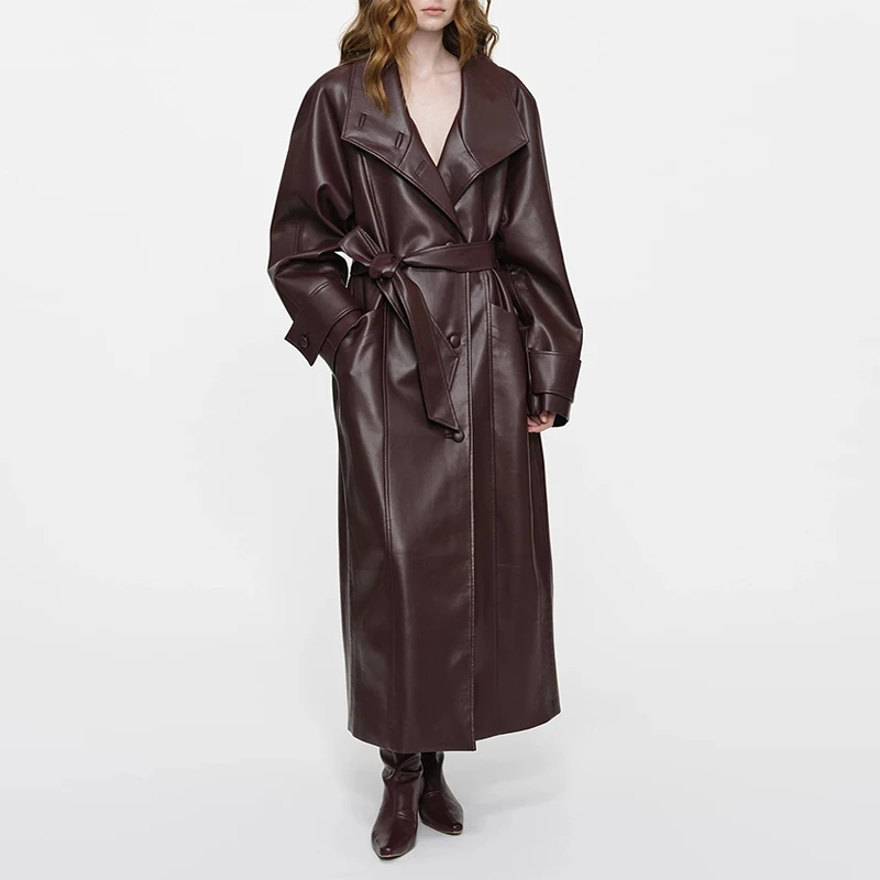 معطف واق من المطر من الجلد الطبيعي لعام 100% للنساء لخريف وشتاء فاخر من جلد الغنم وطية صدر كبيرة وحزام واحد فضفاض طويل ملابس خارجية