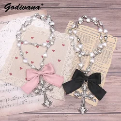 Lolita Style Accessories Beads Fashion Jewelry Handmade Necklace Rhinestone Cross Love Chain Long Necklace for Women