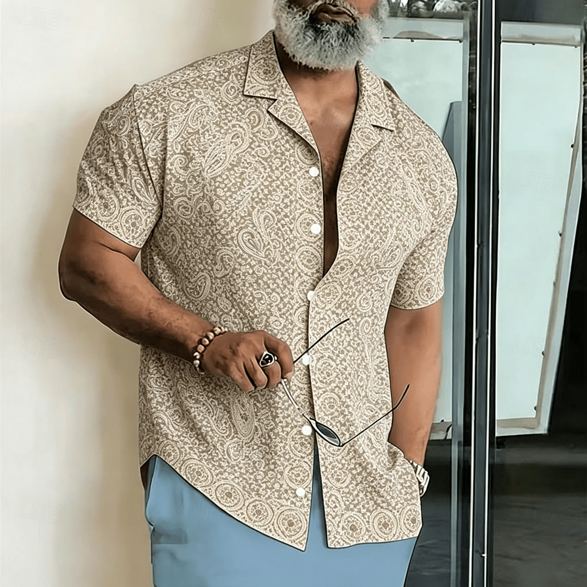Men's Bohemian Tribal Geometric Print Short Sleeved Shirt, Retro Aztec Ethnic Pattern, Spring and Summer Casual Top