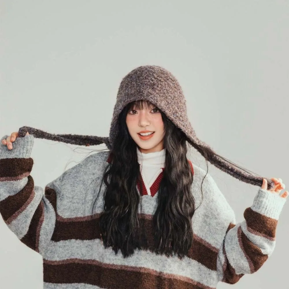 

Acrylic Fibers Knitted Hooded Cap Double Side Soft Neck Collar Beanies Cap Solid Color Thickened Winter Neckerchief Hat Women