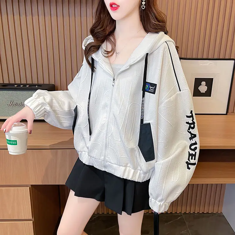 Female Top Grey with Zipper Spring and Autumn Hoodies Loose Embroidered Cropped Baggy Women\'s Hooded Full Zip Up Sweatshirts Xxl