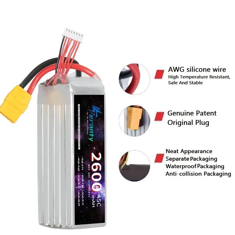 6S 22.2V LiPo Battery 2600mAh 6S Battery FPV Drone Battery with Deans T XT60 XT90 Connector for Airplane Helicopter RC Car Parts