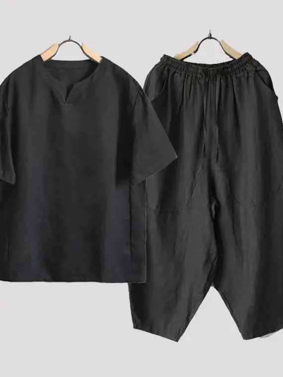 

Loose Fit Cotton Linen ort Sve Lantern Nine-Piece Pants Two-Piece Set Thin Summer Casual Wear for Men plus Size