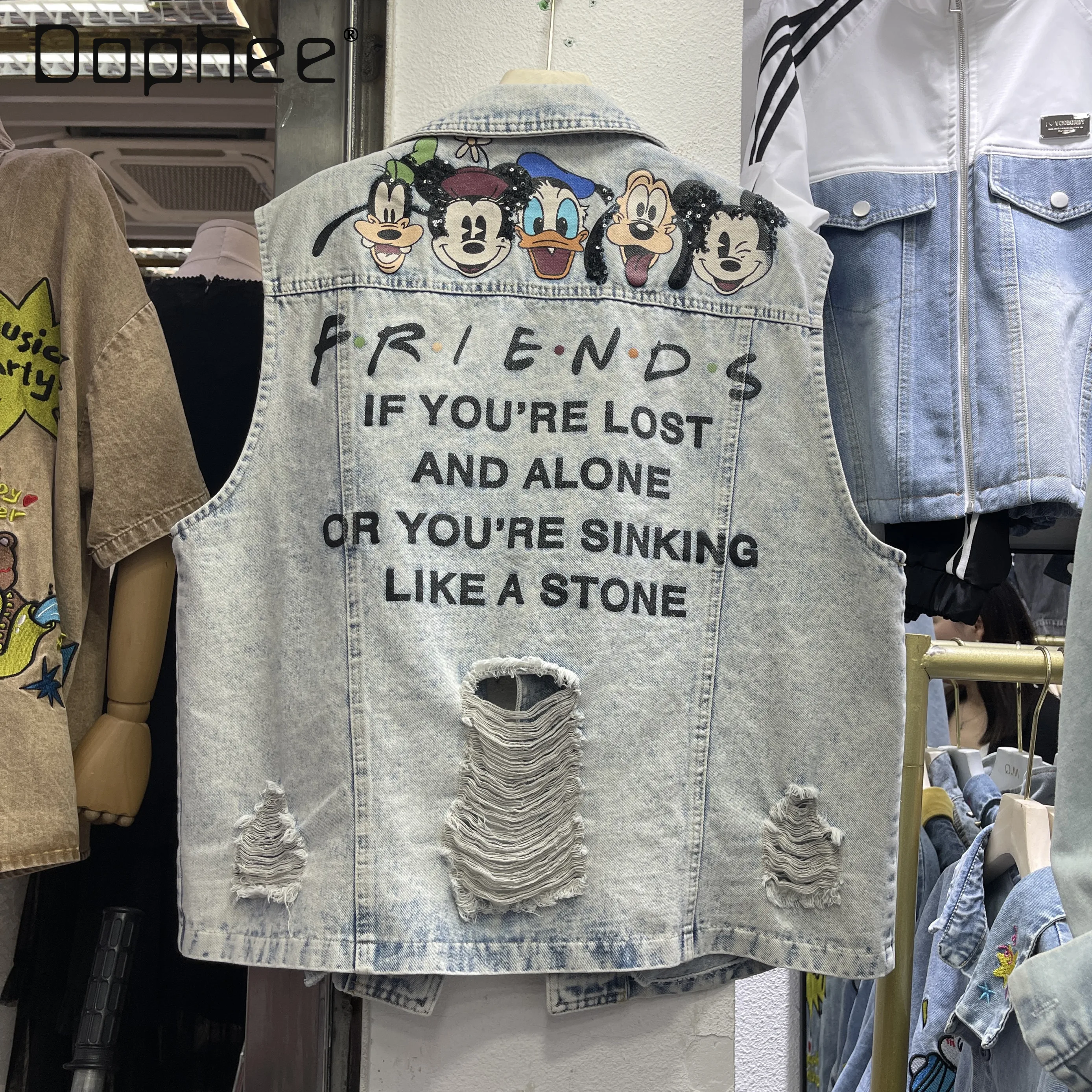 

Spring New Heavy Industry Cartoon Printing Design Ripped Denim Vest Women's Loose Fashion Vest Old Style Versatile Top Tide Coat