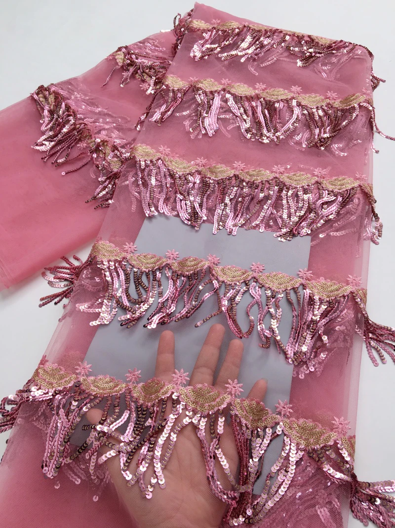 

High Quality French Tulle Mesh Lace Fabric Nigerian Lace Embroidered Tassel Sequins Tulle For Women Wedding Dresses ,5yard4652