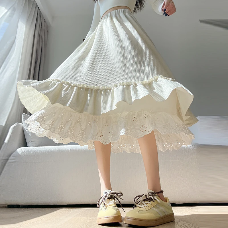 Vrouwen Rok Koreaanse Stijl Zoete Splicing Ruche Rand Halve Rok Hoge Taille Losse A-lijn Veelzijdige Herfst Nieuwe Mode