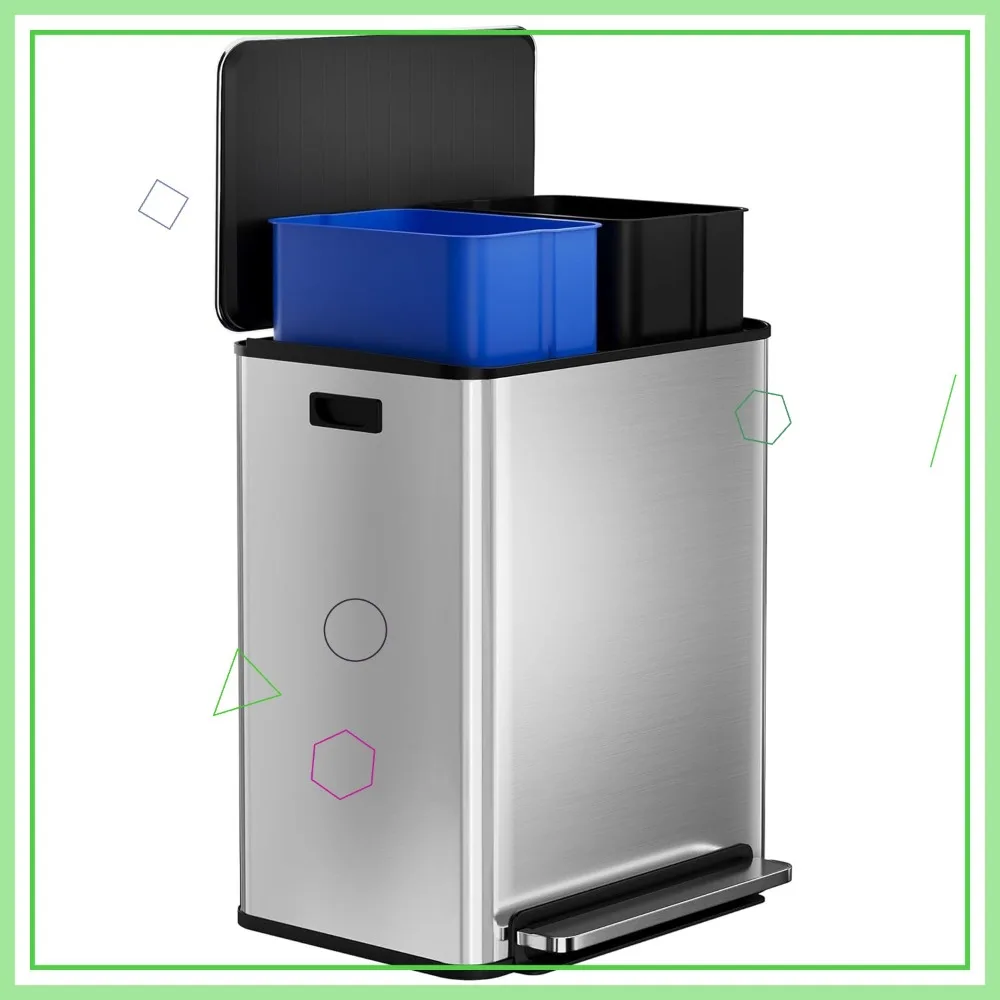 

16 Gallon Dual Compartment Step Trash Can, Stainless Steel Kitchen Recycling Bin with Soft-Close Lid & Removable Buckets