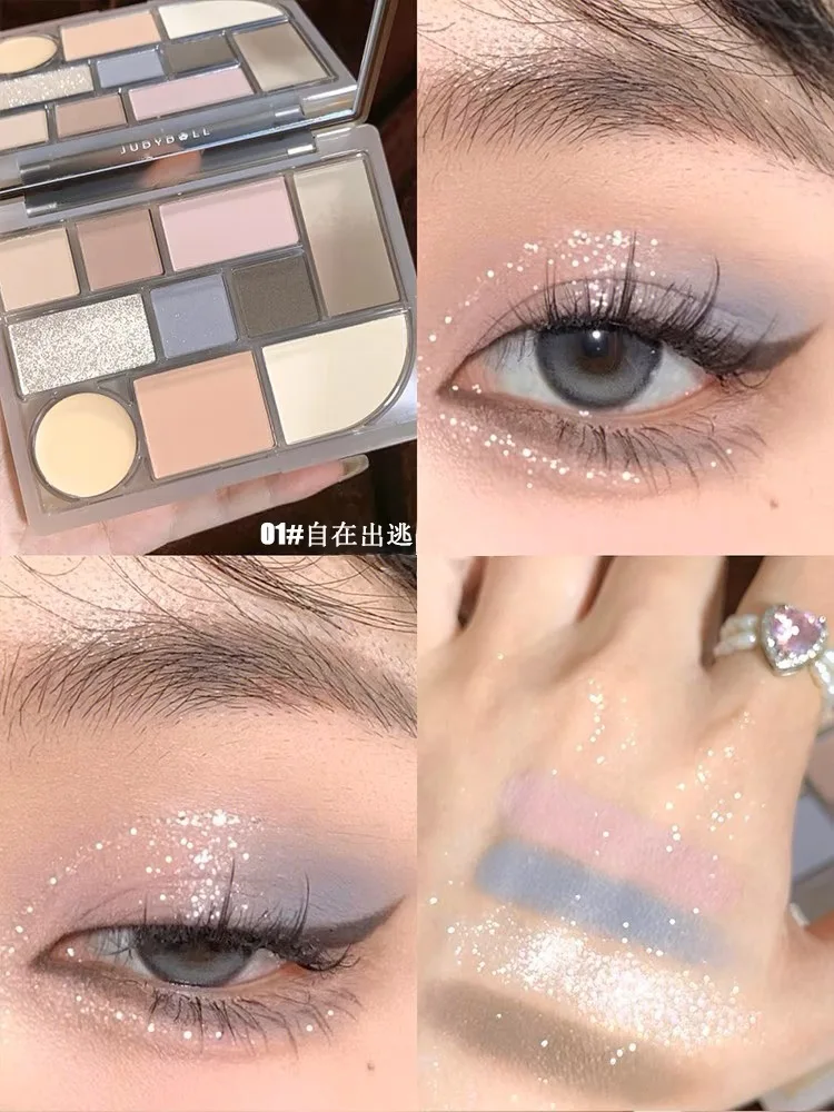 Judydoll 10 Color Eyeshadow Multipurpose Palette Blush Highlight & Contour All-in-One Matte Pearlescent Eye Glitter Makeup