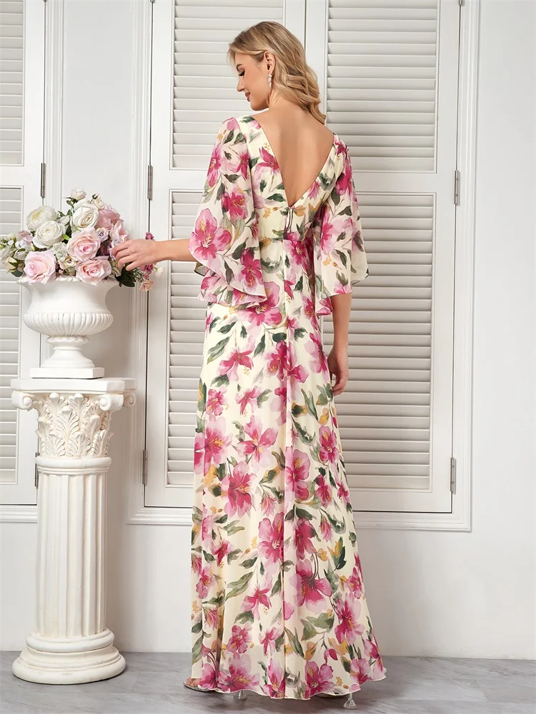 XUIBOL-Robe de soirée élégante en mousseline de soie pour femme, tenue de luxe, à manches évasées, à la mode, pour mariage, demoiselle d'honneur