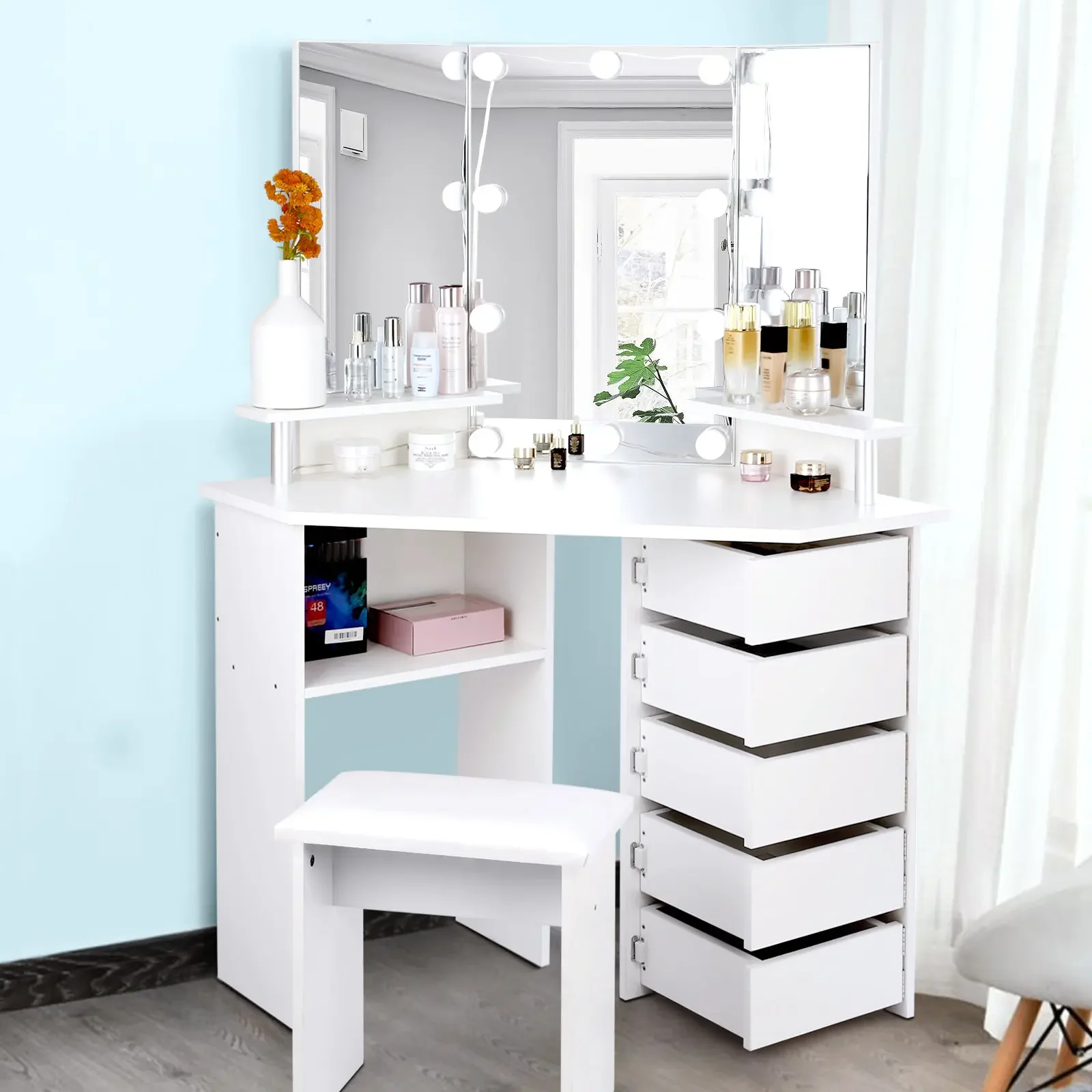 Furniture Wooden Vanity Make Up Table Makeup Table Set With Mirror and Chair