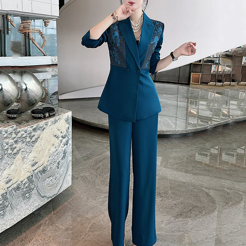 High-end Women Floral Women Set Vintage Embroidery Coat Top + Blue/Purple Trousers Elegant Lady Casual Suit Set S-XXL image 2