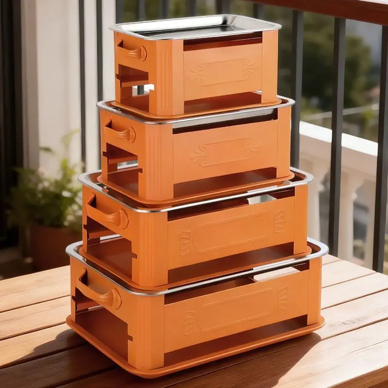 4 Pcs Orange Outdoor Camping Stove Set Stainless Steel Liner Portable Heating Stove Multi Size Stackable Barbecue Grill For