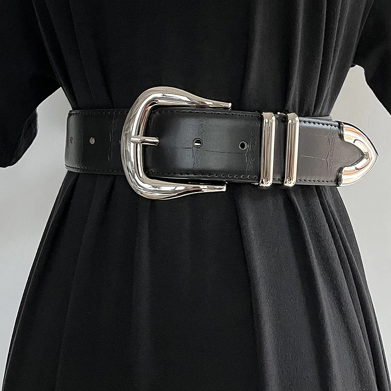 Women's Fashion Silver Buckle Genuine Leather Cummerbunds Female Dress Corsets Waistband Belts Decoration Wide Belt TB1295