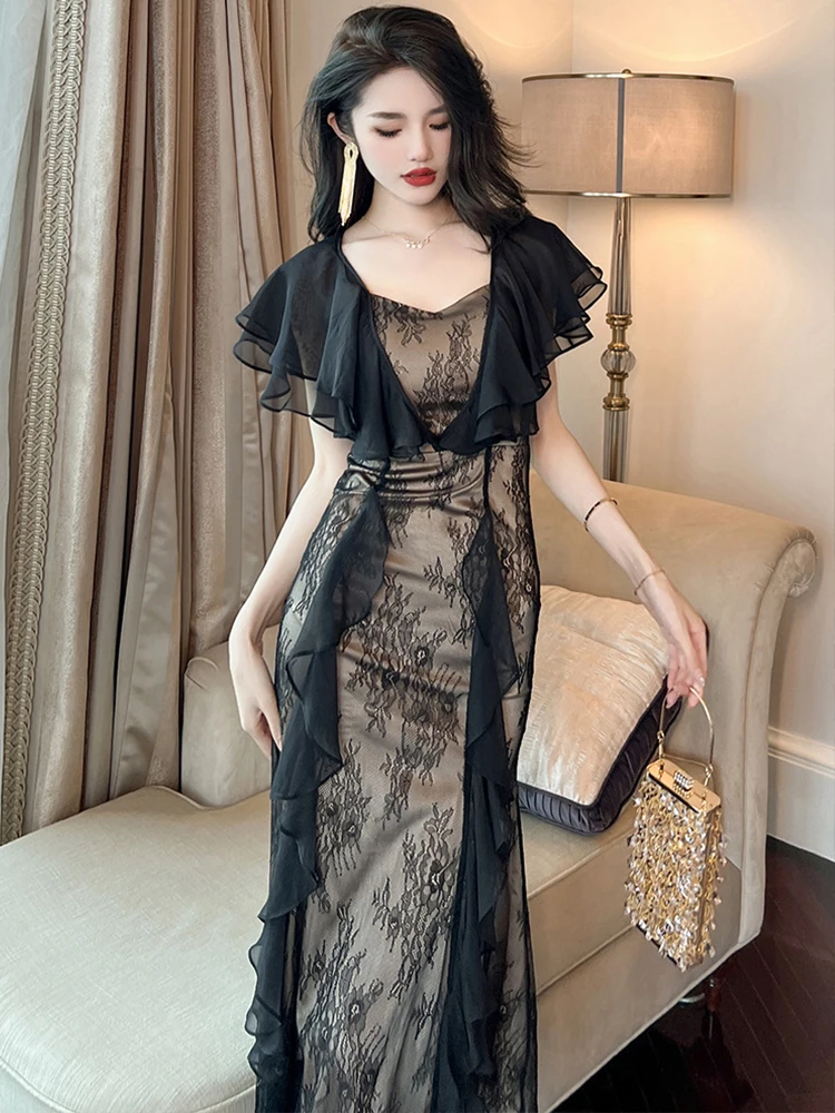 Summer Evening Long Dress Women Elegant Chic Lace Short Sleeve Slim Midi Dresses Party Mujer Robe Femme Vestidos Fiesta Street