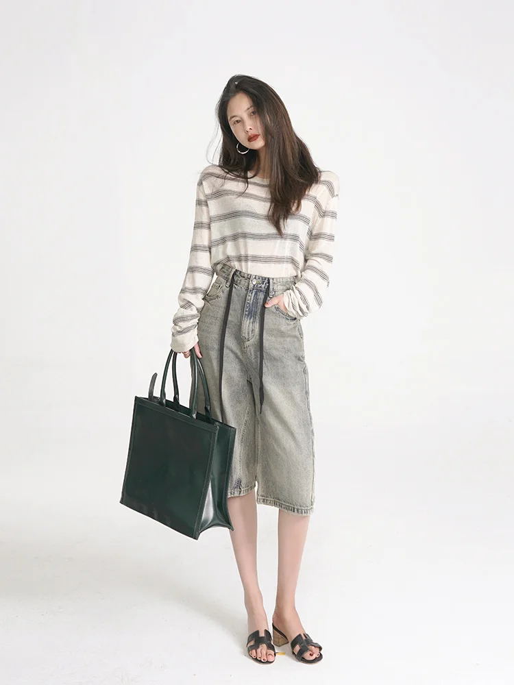 

Повседневные джинсовые шорты Akimbo с высокой талией, свободного прямого кроя, для женщин, летние, комфортные, стройнящие