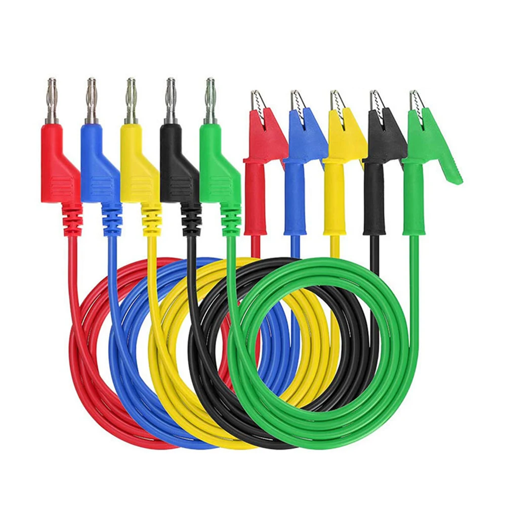 P1036 5PCS 1M Stackable Dual 4mm Banana Plug to Banana Plug Multimeter Test Leads Cable Kit 1000V/19A 5 Colors Alligator Clip