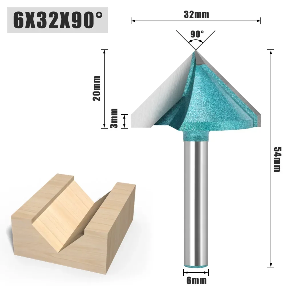 1PC 6MM Shank Milling Cutter Wood Carving V Shape 3D Engraving Bit 90 Degrees Carbide End Mill Diameter 32mm Wood Milling Cutter