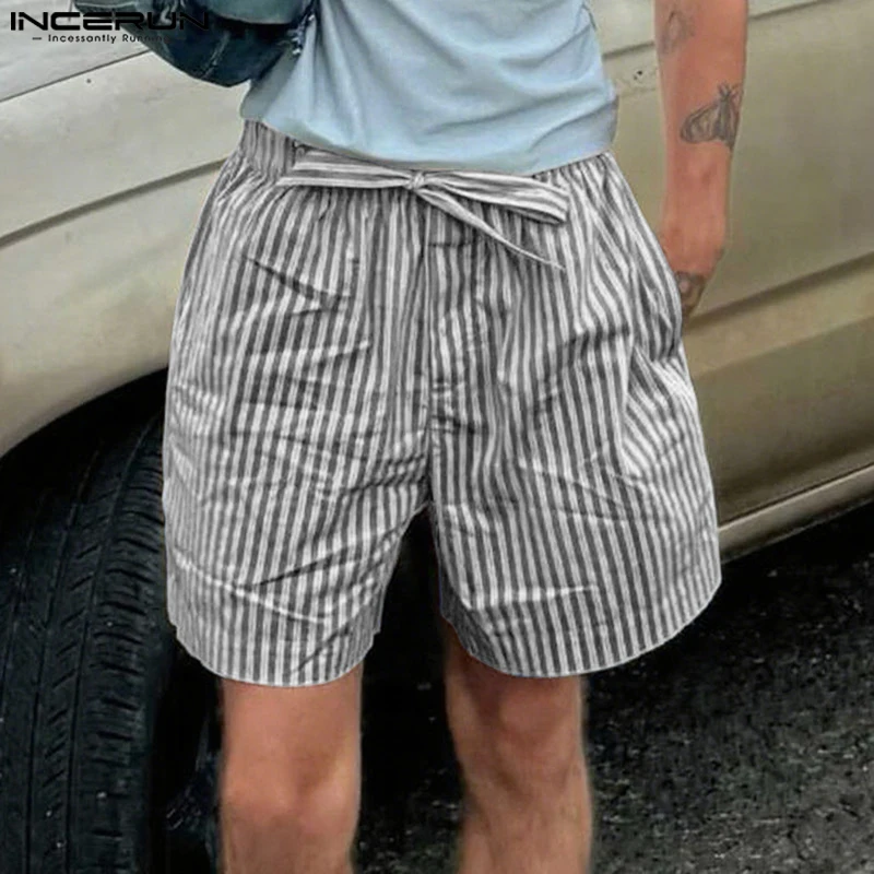 

INCERUN мужские полосатые шорты для бега на шнурке модные повседневные мужские штаны уличная одежда летние каникулы мужские шорты для отдыха S-5XL