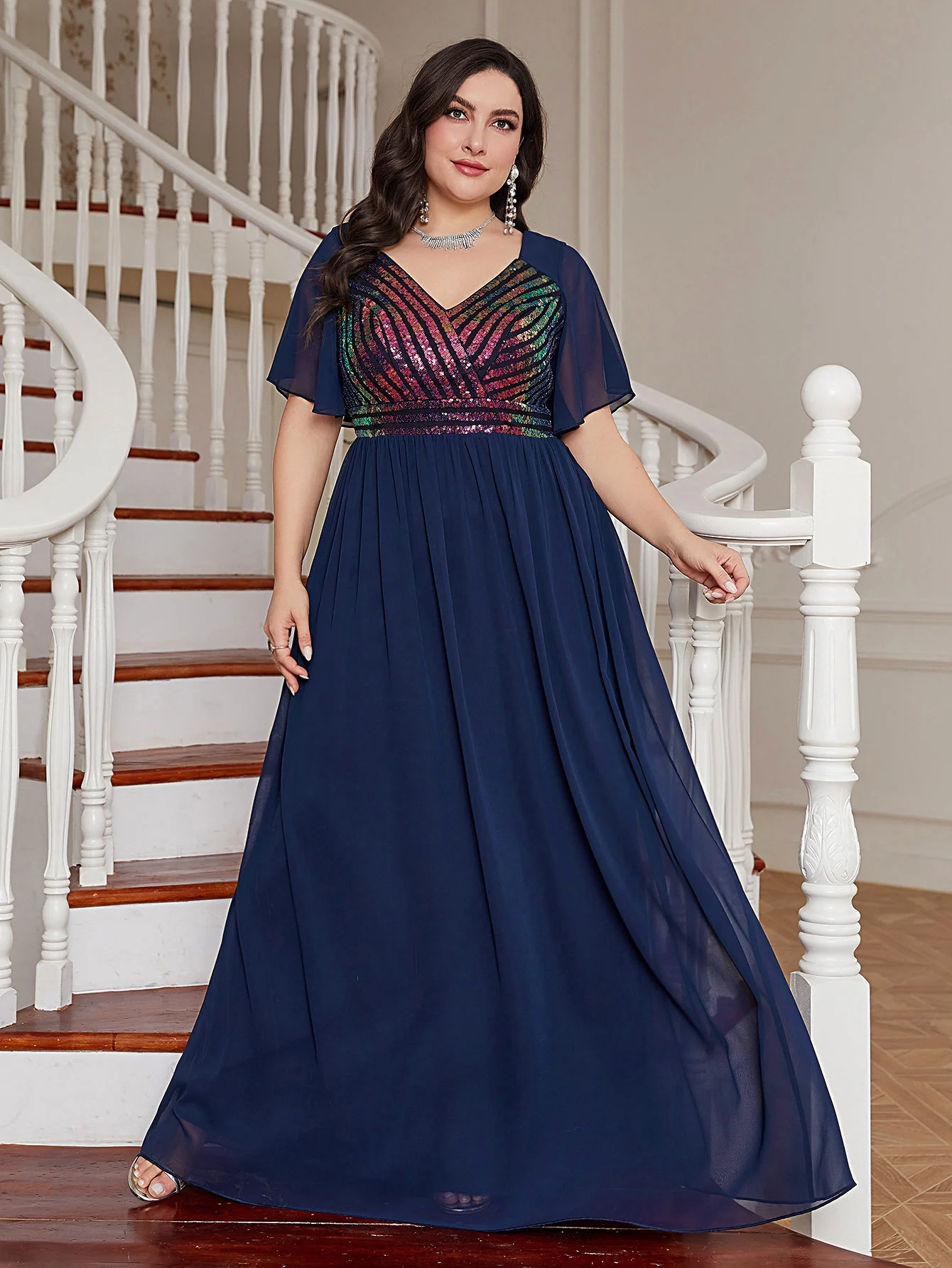 Vestido de noite formal de lantejoulas feminino, Uniforme, Lantejoulas, Coxa dividida, Contraste, Purpurina, Patchwork, Chiffon