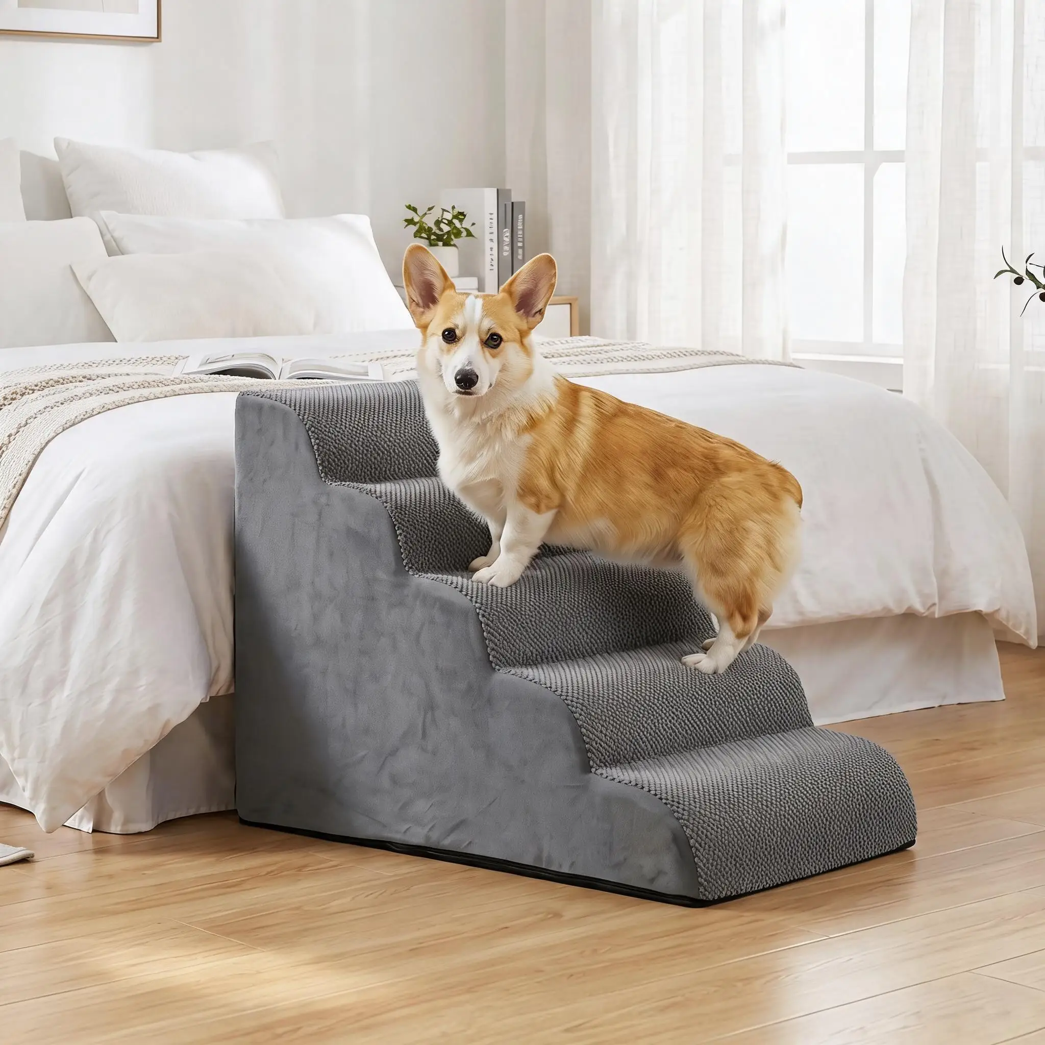 Dog Stairs for High Beds, Pet Steps Ramp with Non-Slip Corduroy Cover, Supports up to 80 Lbs, Orthopedic Pet Stairs for Joint Pain Relief, Ideal for Small, Medium & Senior Dogs