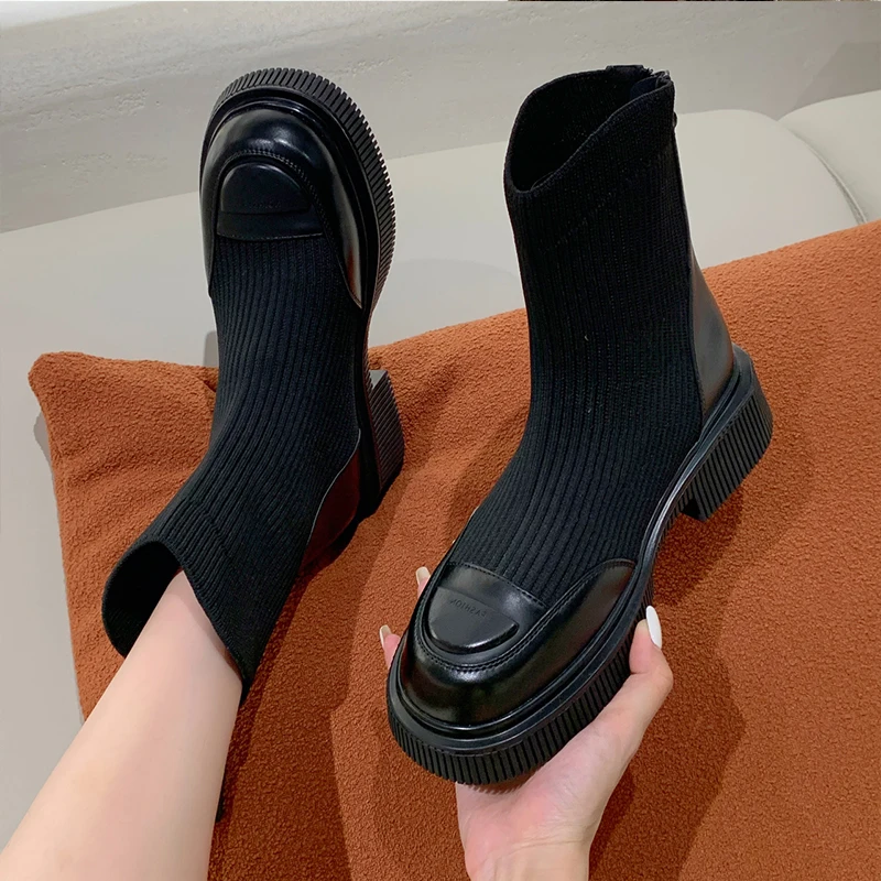 Med Heel Boots Zipper Women Shoes Autumn Round Toe Luxury Designer Boots-Women Stockings Rubber Ladies Ankle Fashion Flat 2023 S