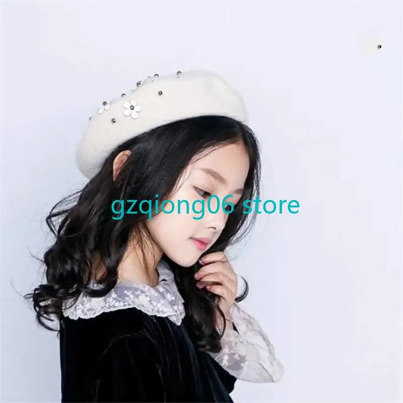 K3NF النساء فتاة اللؤلؤ زهرة قبعة لطيف الرسام قبعة قبعة صغيرة قبعة صوف أنيقة قبعة مثمنة كل مباراة ل 2-6 سنوات من العمر #6