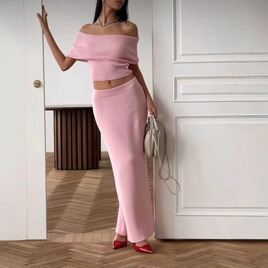 

Новинка лета 2025 года, женский вязаный топ без рукавов на одно плечо, длинная юбка с разрезом