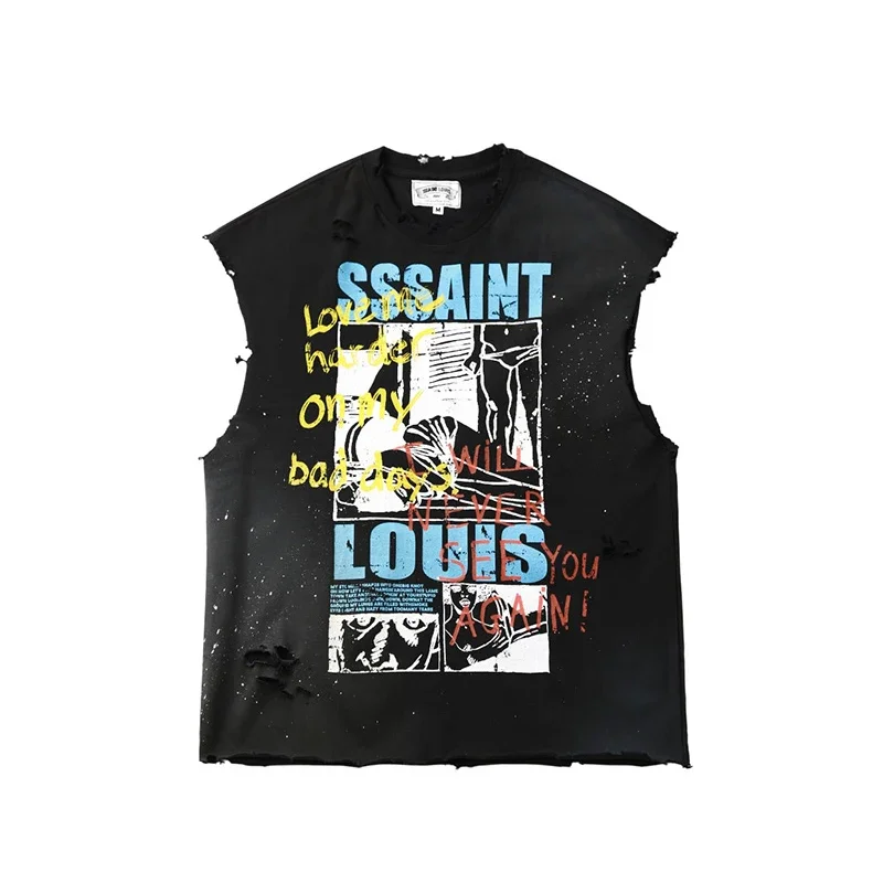 Summer Loose Damaged Hole Vintage Black Saint Sleeveless T Shirt Men Women Graphics Print Splash-Ink Oversized T-Shirt Tee