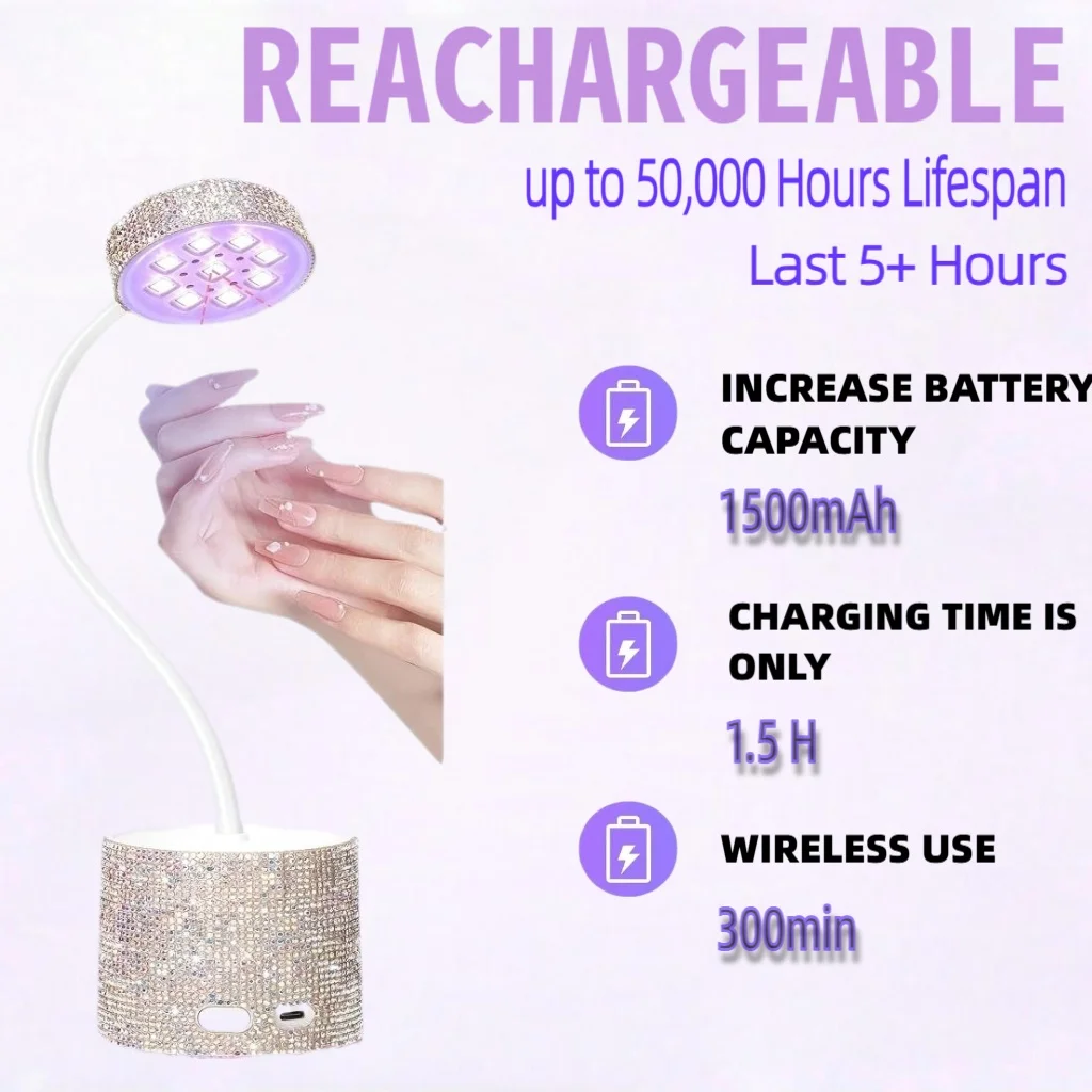 مصباح أظافر صغير قابل لإعادة الشحن 360 °   مجفف LED بالأشعة فوق البنفسجية قابل للدوران، مستشعر ذكي، مؤقتين، ضوء معالجة حجر الراين المحمول لتلميع الجل