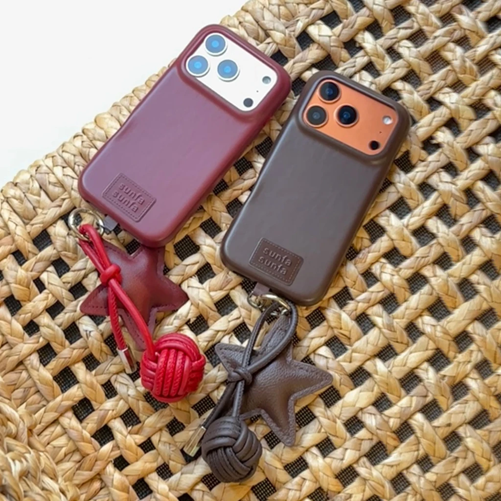 Funda protectora de teléfono a prueba de golpes con colgante de estrella de cinco puntas de cuero de Color sólido Retro para iPhone 17 16 15 14 Pro Max