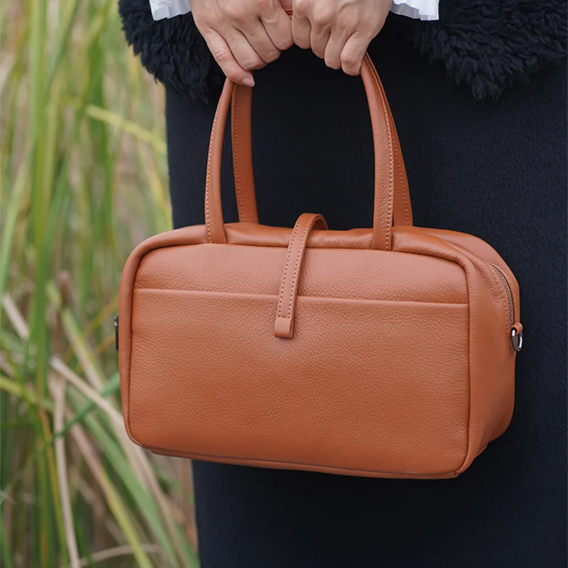 Women Soft Leather Handbag First Layer Cowhide Boston Pillow Bag Shoulder Crossbody Bag Trendy Designer Purses Luxury Hand Bag