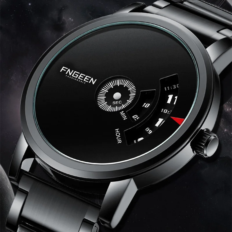 

2023 New Creative Concept Watch For Men Luxury Black Stainless Steel Waterproof Fashion Wormhole Casual Wristwatches Male Clock