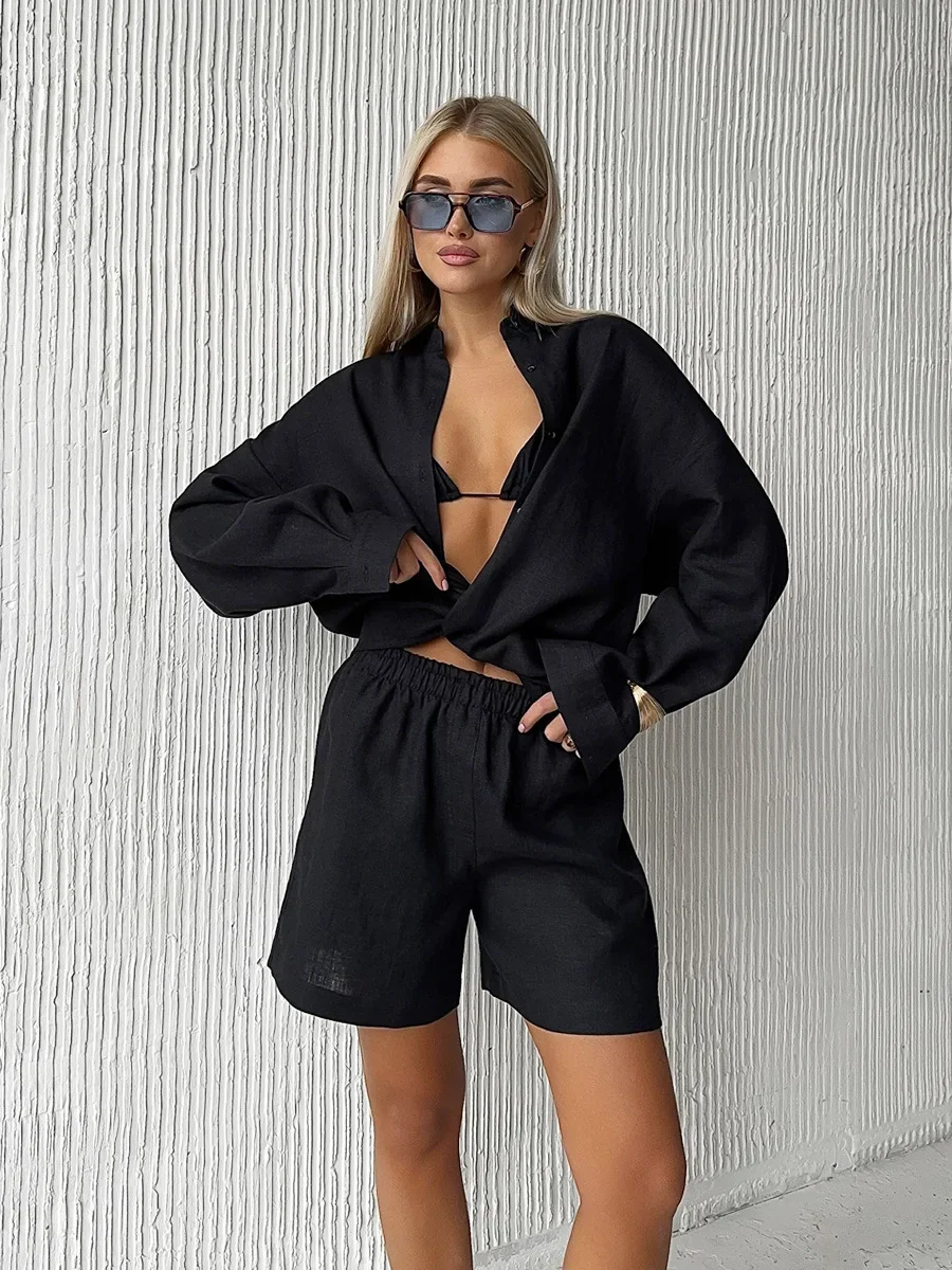 Bornladies Damen Baumwoll-Freizeitshorts-Set, einfarbig, Hemd mit Reverskragen und langen Ärmeln, Shorts mit elastischem Bund, Outfit für den Alltag und den Urlaub. – Detail 7