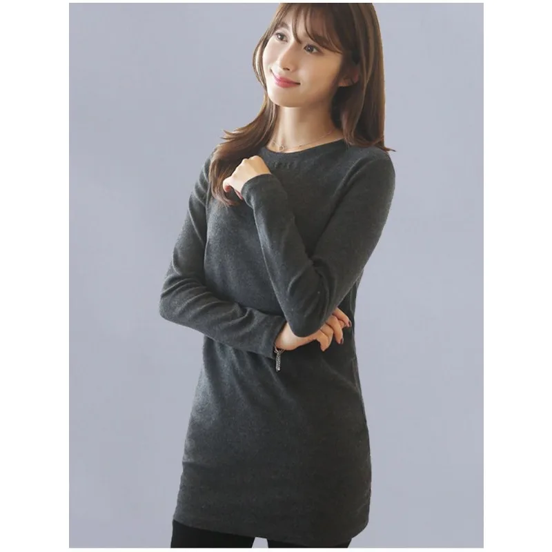 

Женская темно-серая туника с длинными рукавами и круглым вырезом, облегающий повседневный базовый пуловер