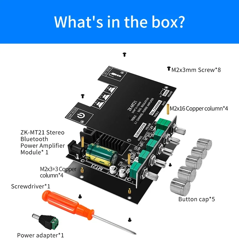 ZK-MT21 Bluetoothデジタルアンプモジュール,2.1チャンネル,高音および低音,補助入力,オーディオ