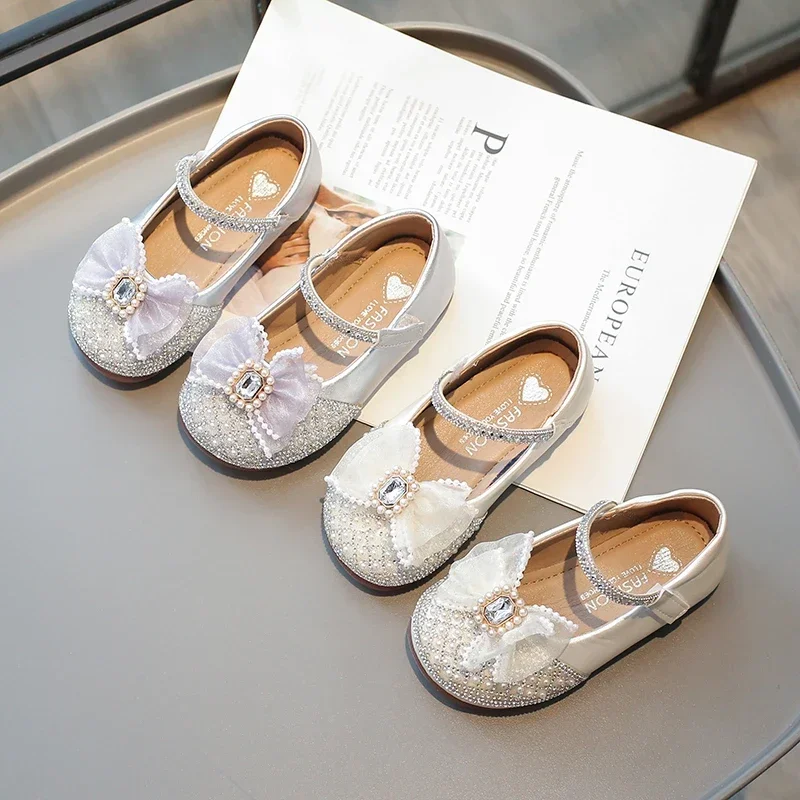 Pearl Diamond Bow scarpe in pelle per bambini Beige/argento, primavera e autunno Outdoor PU scarpe in pelle per bambini Zapatillas Mujer