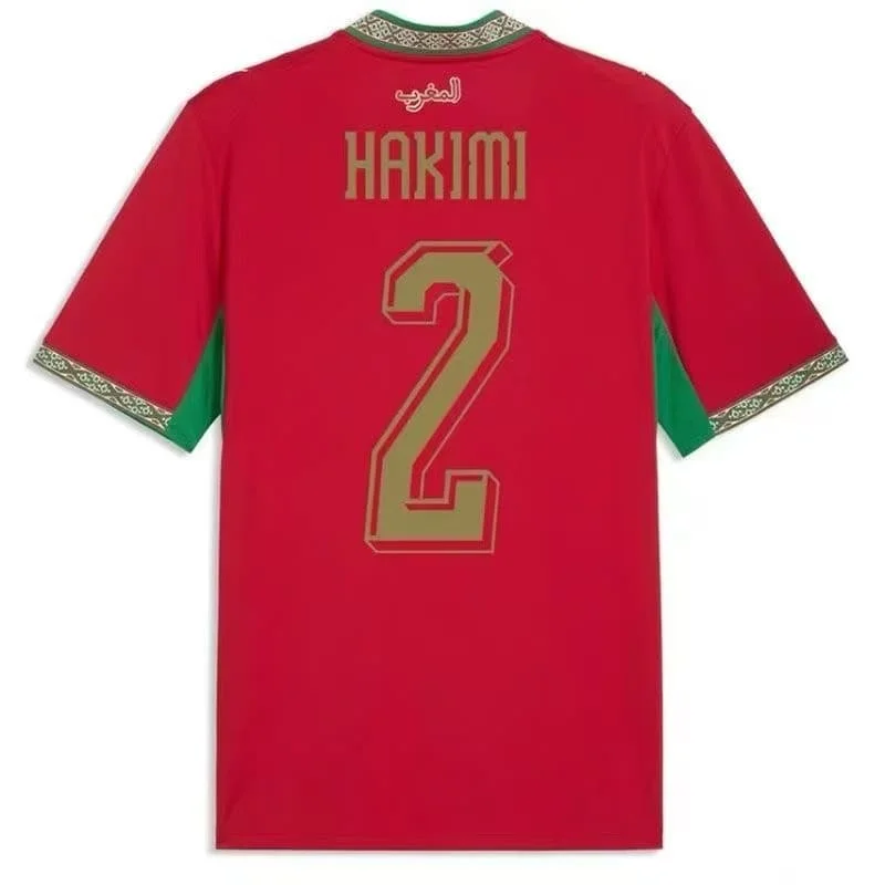 2027 Men Morocco Home Soccer Jersey #2 Hakimi Red Green Short Sleeve Football Shirt Fan Version Sports Uniform  Family Matching