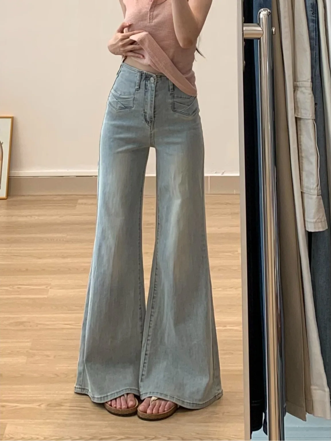

Light Blue High Waist Bell Bottom Denim Jeans Women's New American Style Pocket Wide Leg Pants Loose Fit Summer Commute