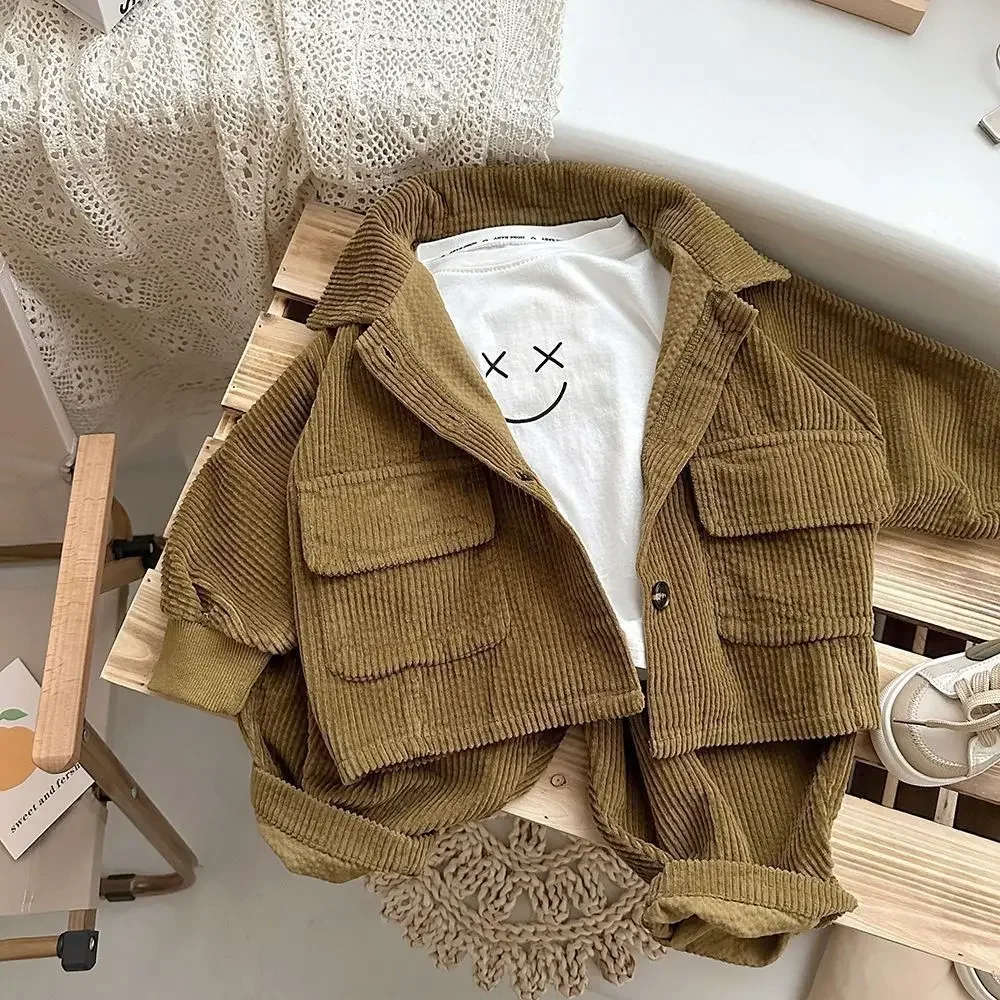 2-9Y Kids Spring and Autumn Khaki Set Boys and Babies Spring Fashion Corduroy Single Breasted Children\'s Thin 2 Pcs Set Outfits