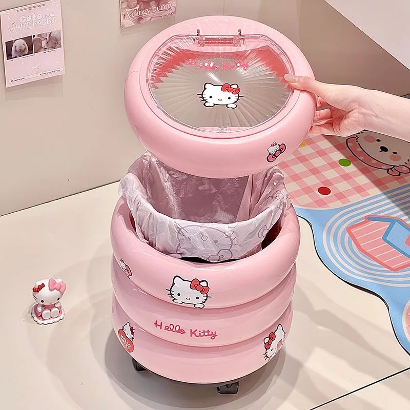 Sanrio Cute Hello Kitty Round Double-Layer Rolling Trash Can Dust-Proof Odor Isolation Flip Lid Flip Lid Household Waste Bin view 4