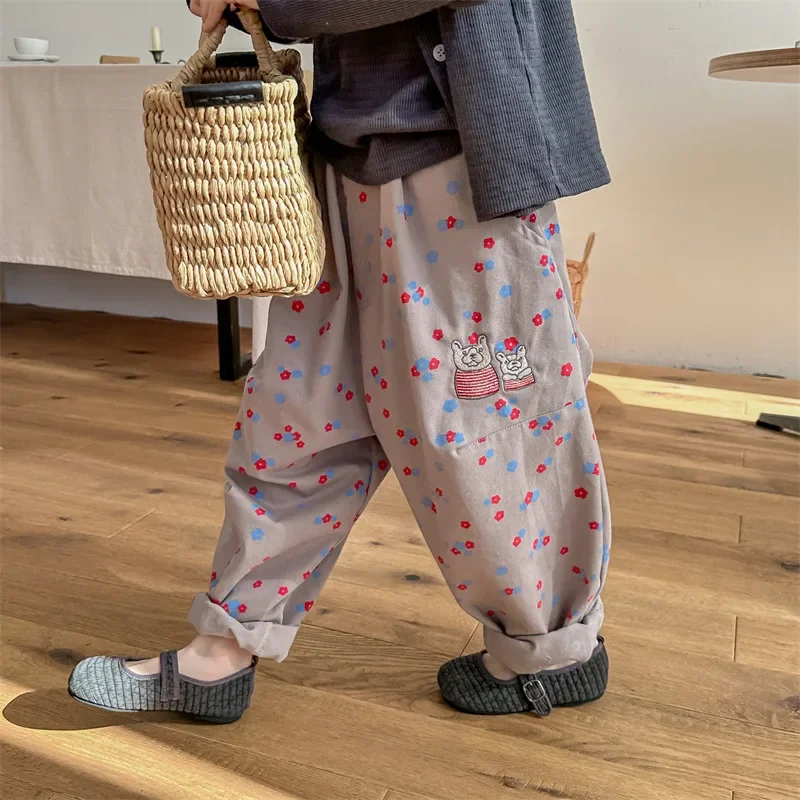 

2025 Spring New Children Casual Pants Fashion Flower Print Girls Harem Pants Cotton Baby Boys Loose Trousers Children Clothes