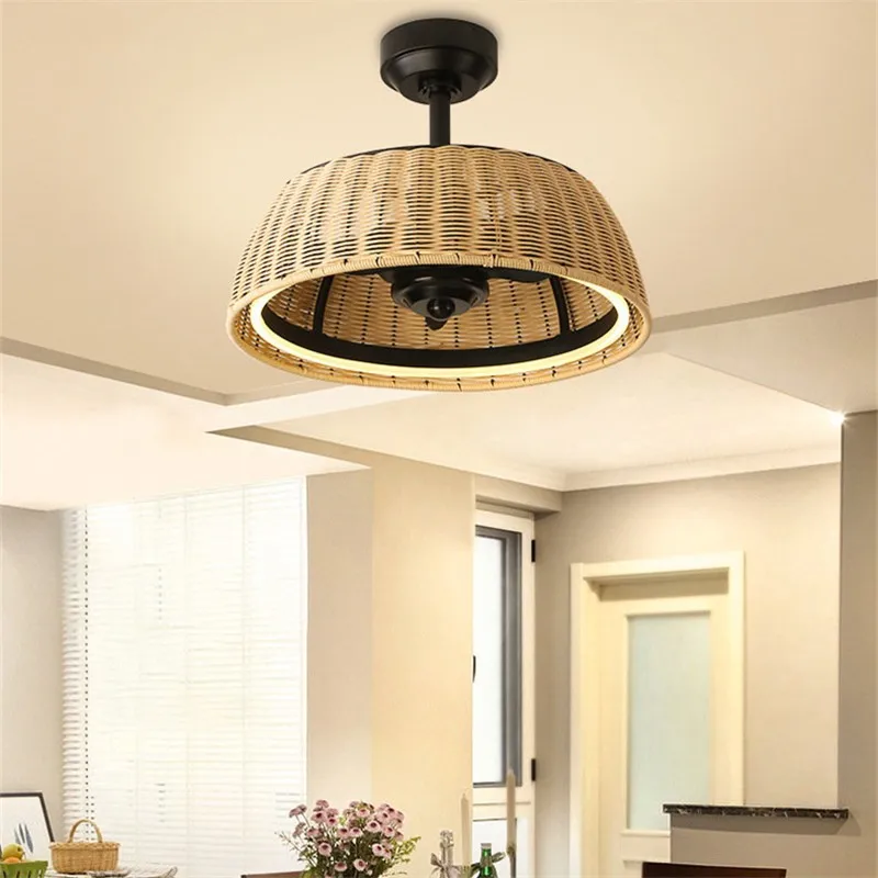 Bamboo ceiling fan Smart Ceiling Fans with Remote Control DC Motor ceiling fan black Ventiladores Braided kitchen fan light