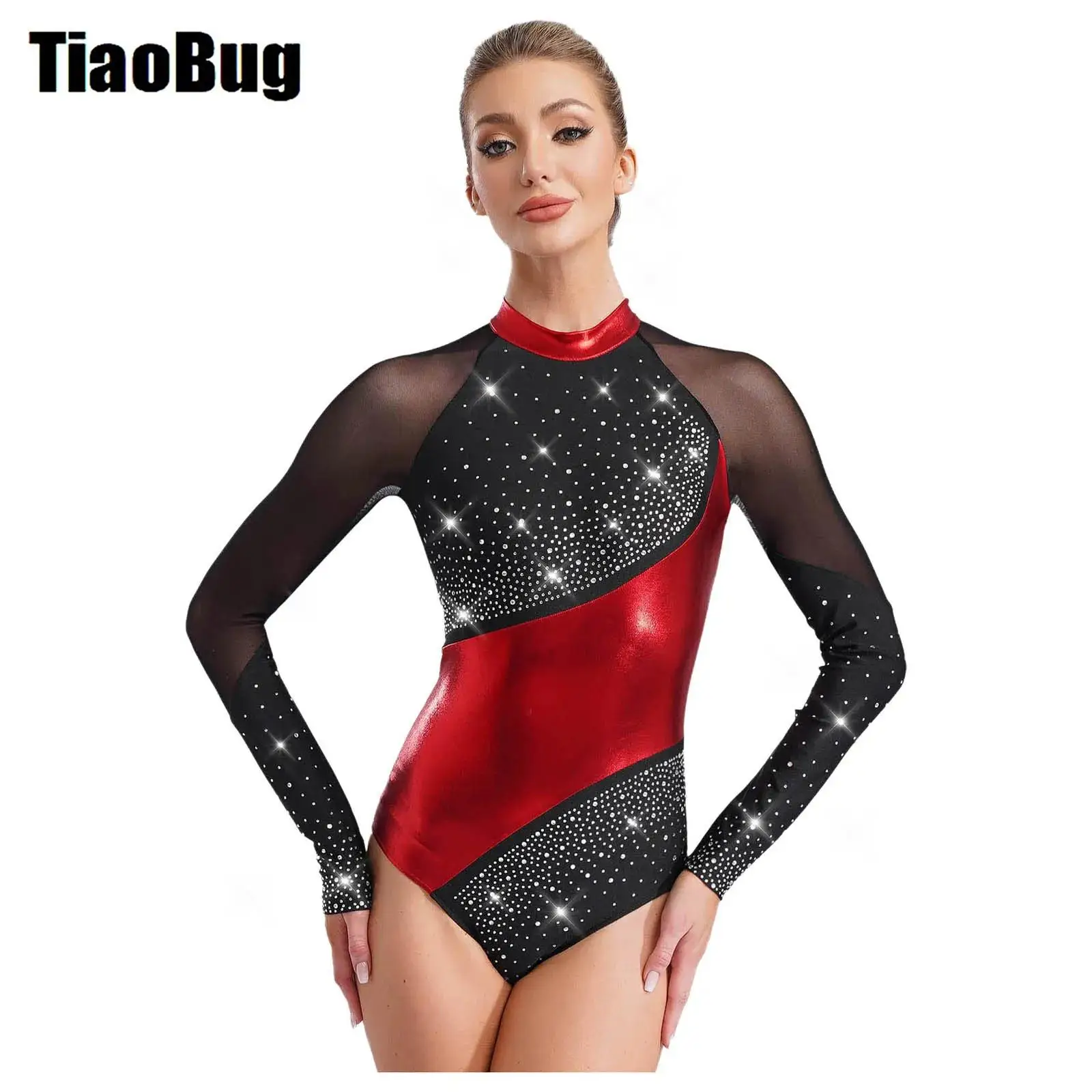 

Women Metallic Dance Leotard Mock Neck Long Sleeve Keyhole Back Shiny Rhinestones Bodysuit Figure Skating Leotard for Gymnastics