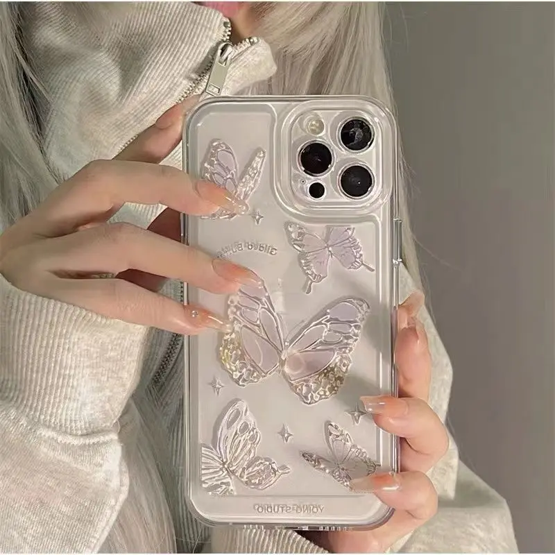 Exquisite Full Screen Butterfly Phone Case For iPhone 15 14 13 12 11 Pro Max XR XS MAX 78Plus Y2K Girl Cute Anti Fall Back Cover