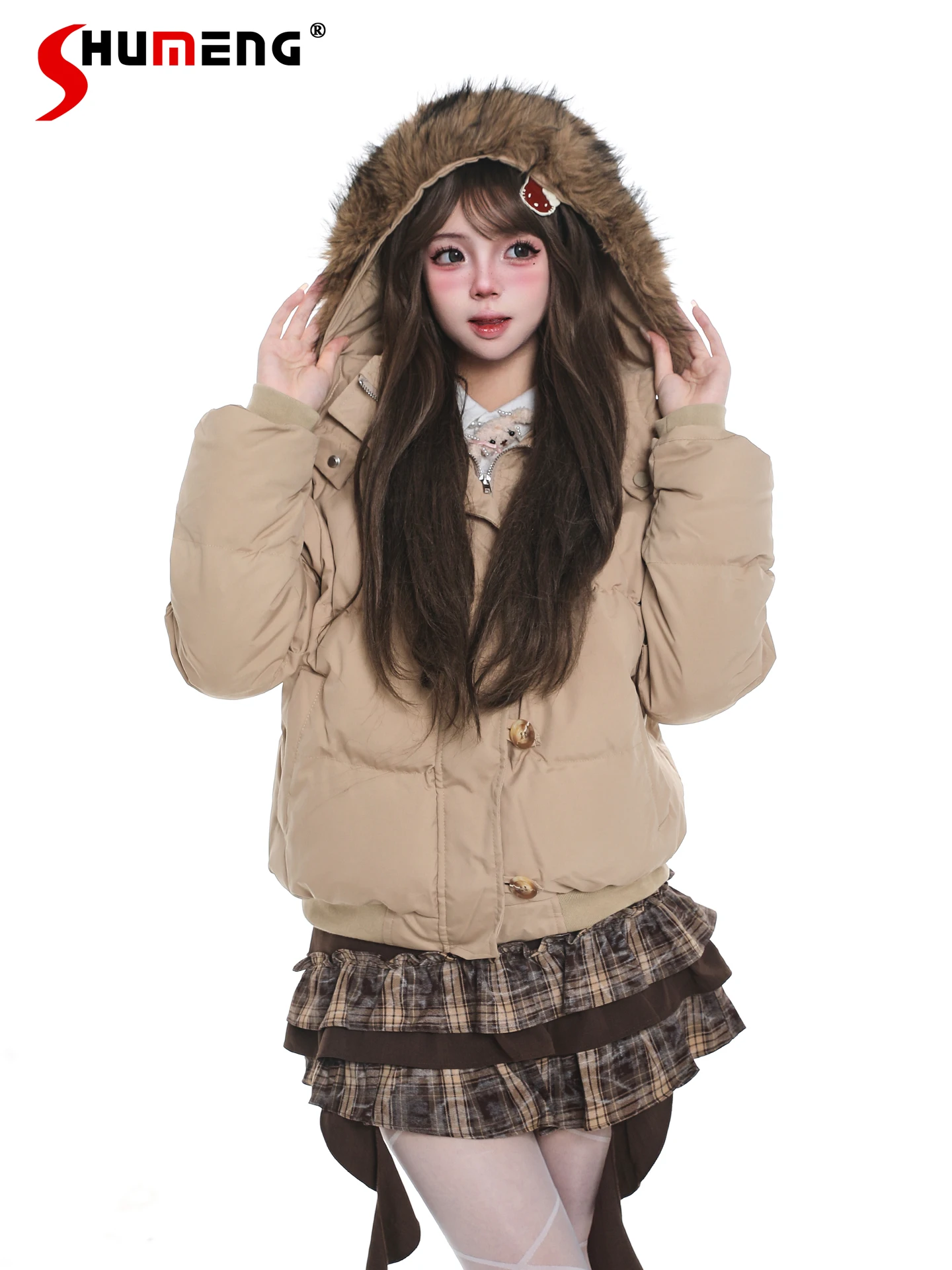 

American Style Sweet Cool Girl Hooded Fur Collar Down Coat Casual Thickened Warm Zipper Short Jacket Women 2025 Winter Overcoats