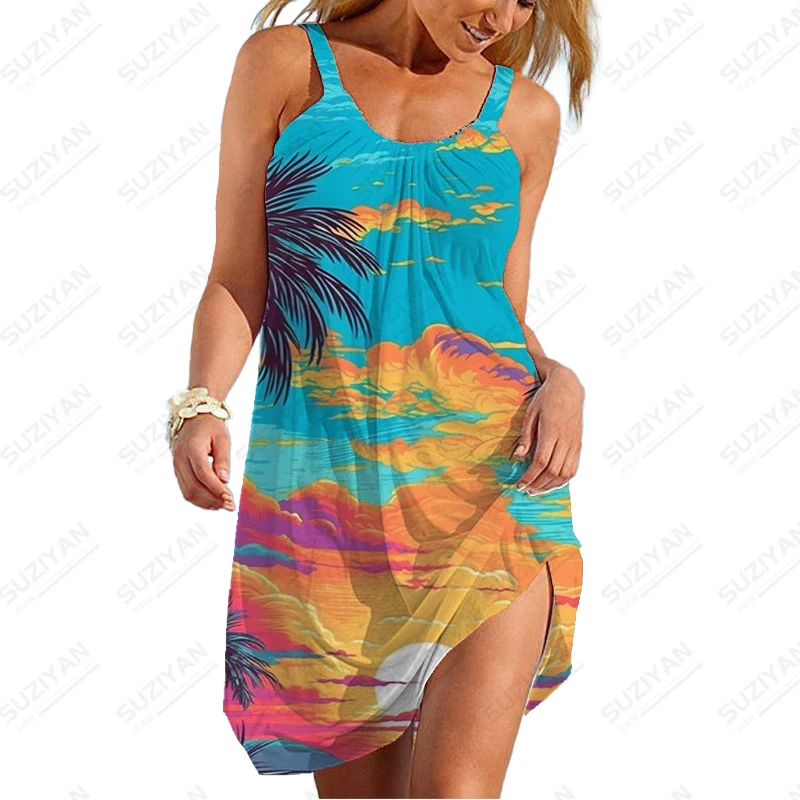 Hawaii Beach Style Coconut Tree 3D Printed Dress Women's Comfortable Breathable Dress Summer New Casual Spaghetti Strap Dress